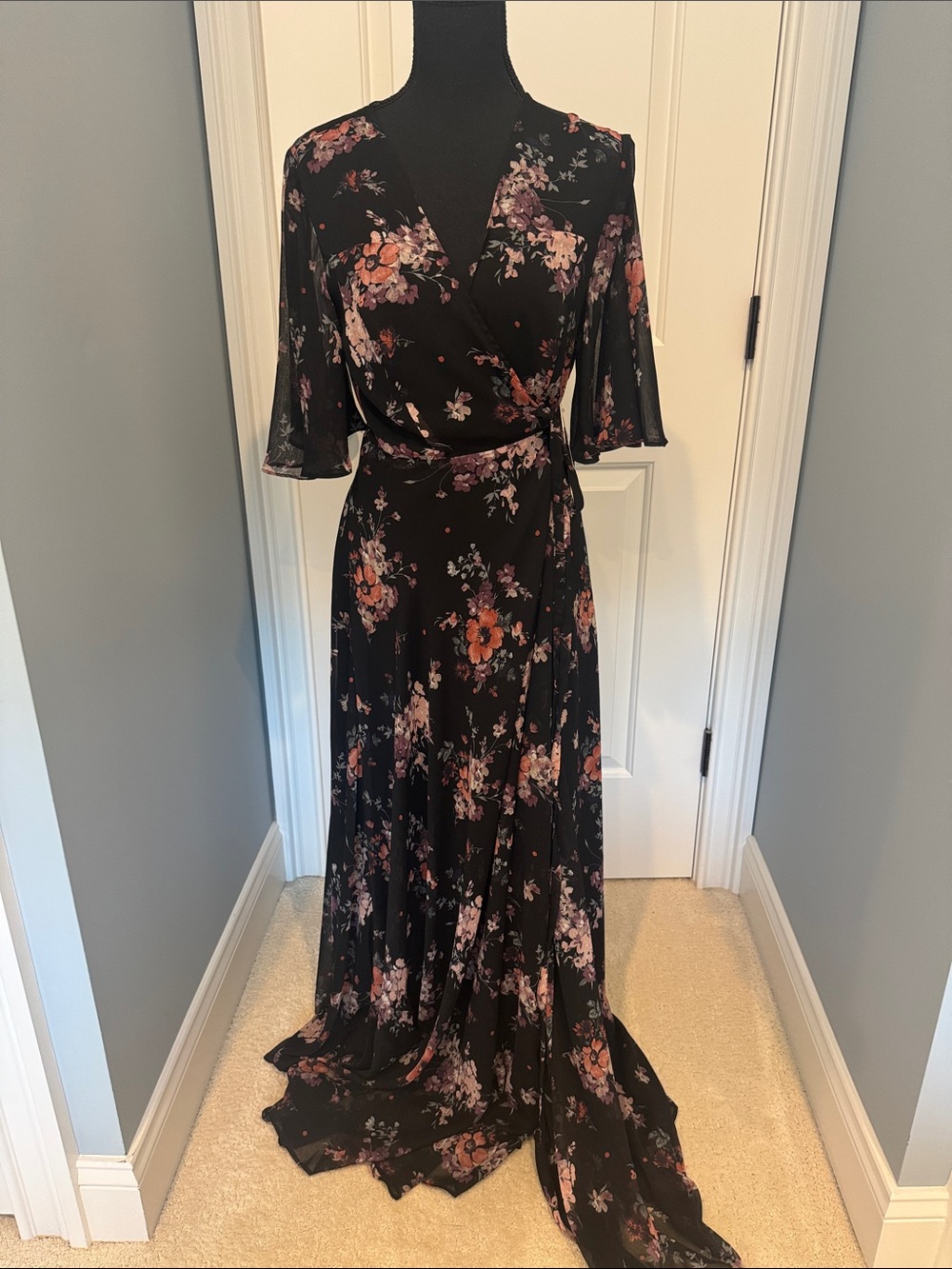 Aqua Floral Wrap Maxi Dress - Black with Pink Floral medium new Bloomingdales